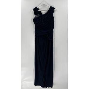 Adrianna Papell Evening Gown Womens 16 Blue Maxi Dress Ruched Jeweled Brooch